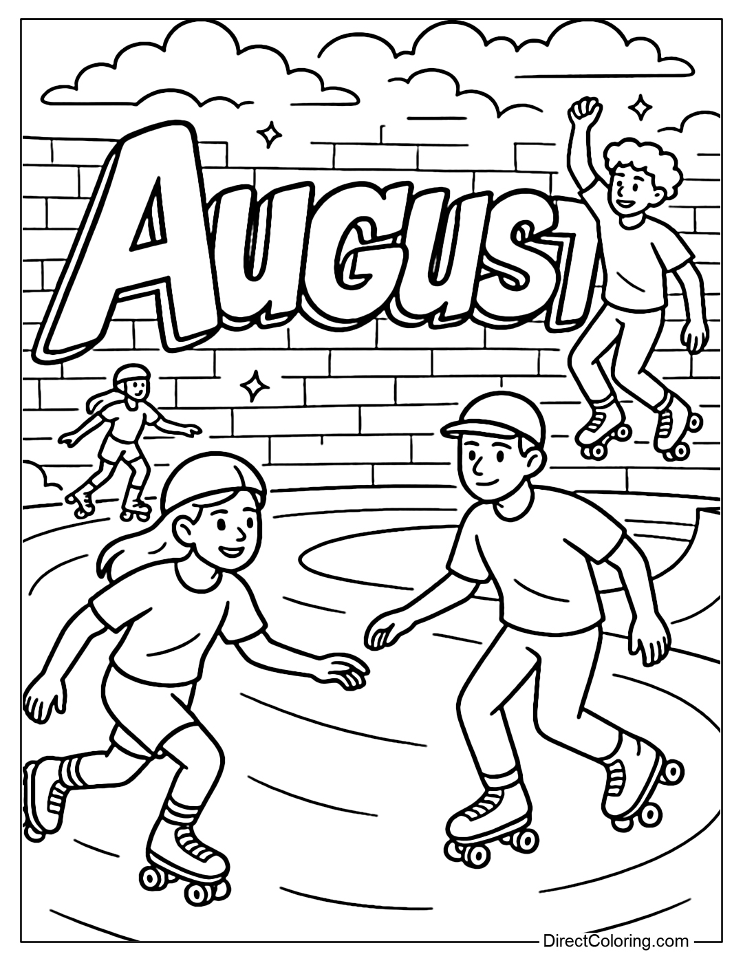 Old roller skating rink coloring page, young people playing, graffiti 
